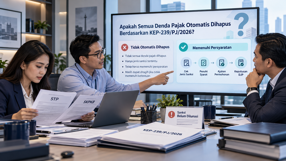 Ilustrasi tax staff memeriksa apakah semua denda pajak otomatis dihapus berdasarkan KEP-239/PJ/2026