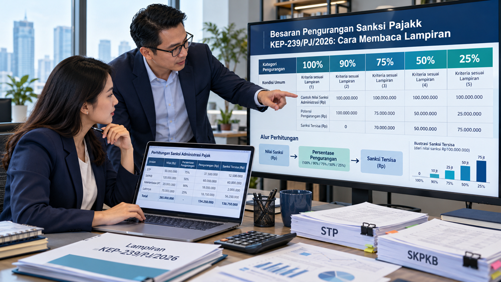 Besaran pengurangan sanksi pajak KEP-239/PJ/2026 dan simulasi penghapusan 100%, 90%, 75%, 50%, serta 25%