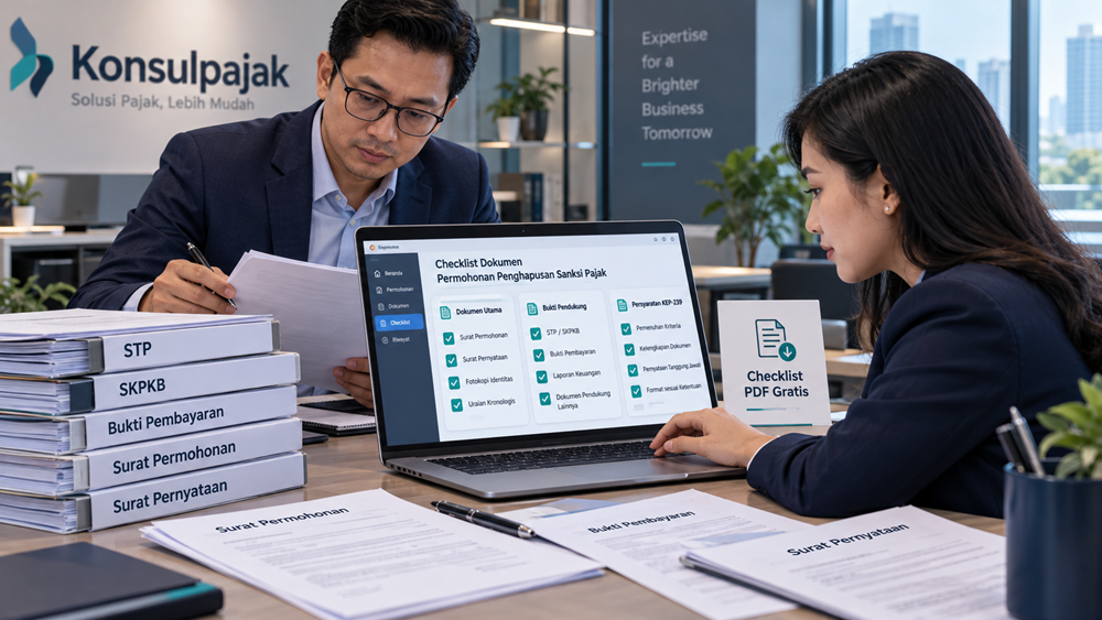Tax staff memeriksa checklist dokumen permohonan penghapusan sanksi pajak dan surat pernyataan berdasarkan KEP-239/PJ/2026.