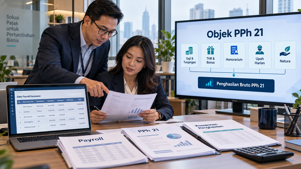 Tax staff memeriksa komponen penghasilan yang menjadi objek PPh 21, termasuk gaji, tunjangan, bonus, honorarium, dan natura.
