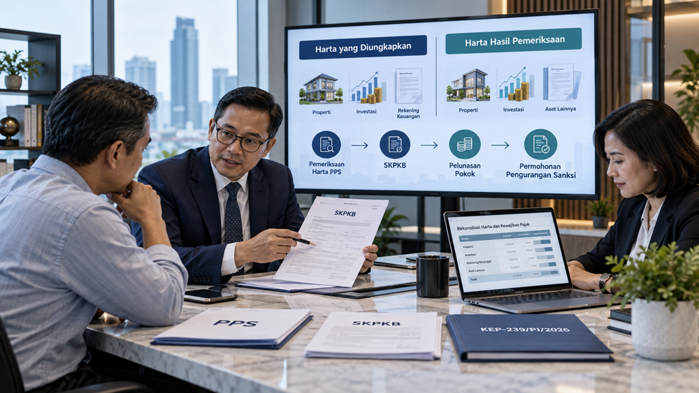 Wajib Pajak dan tax advisor memeriksa SKPKB hasil pemeriksaan harta PPS serta fasilitas pengurangan sanksi KEP-239/PJ/2026