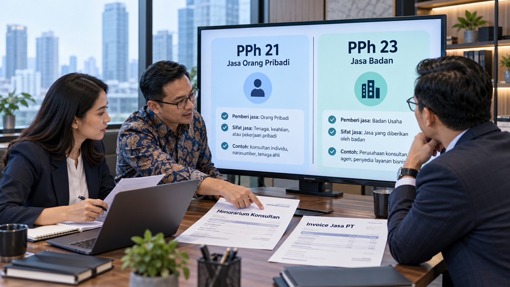 Ilustrasi tax staff membandingkan PPh 21 dan PPh 23 atas pembayaran jasa orang pribadi dan badan usaha.