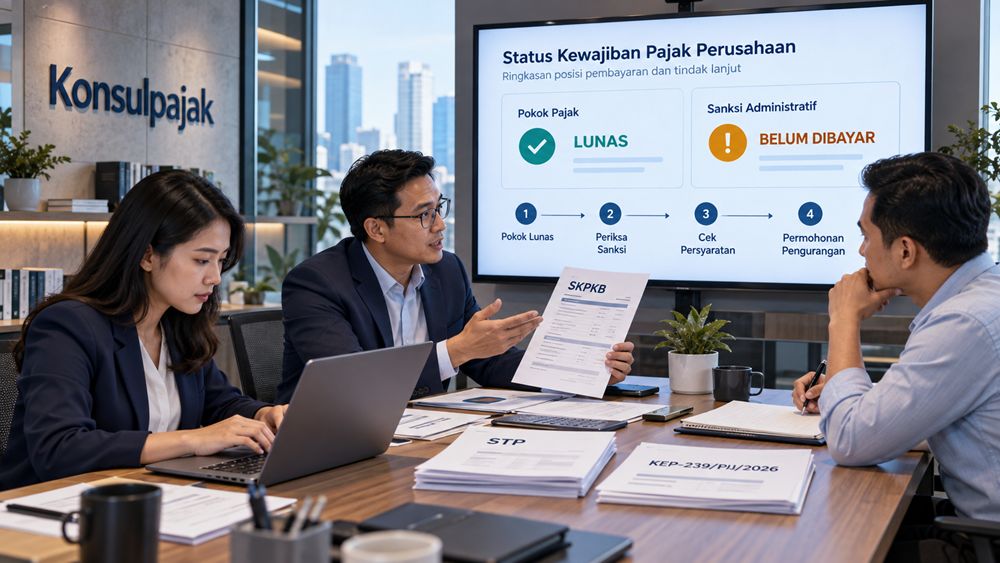Tax staff dan tax manager memeriksa pokok pajak yang sudah lunas dan sanksi administratif yang belum dibayar.