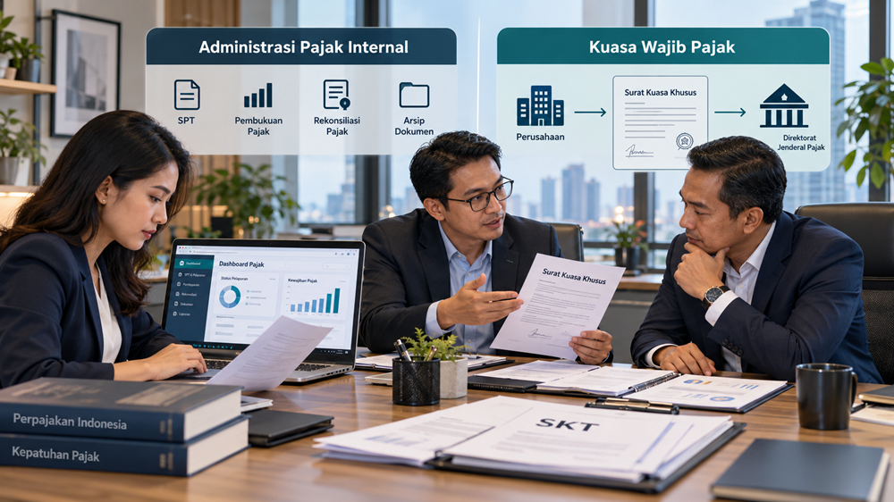 Tax staff perusahaan Indonesia membahas kewajiban SKT untuk menjadi kuasa Wajib Pajak berdasarkan PMK 44 Tahun 2026.