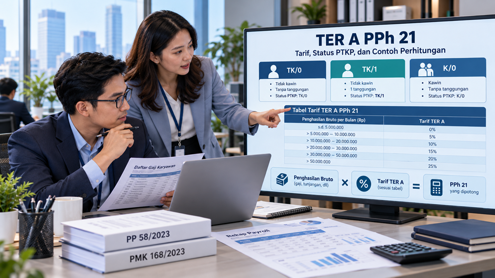 Ilustrasi tax staff menghitung TER A PPh 21 untuk status TK/0, TK/1, dan K/0 menggunakan dashboard payroll perusahaan.