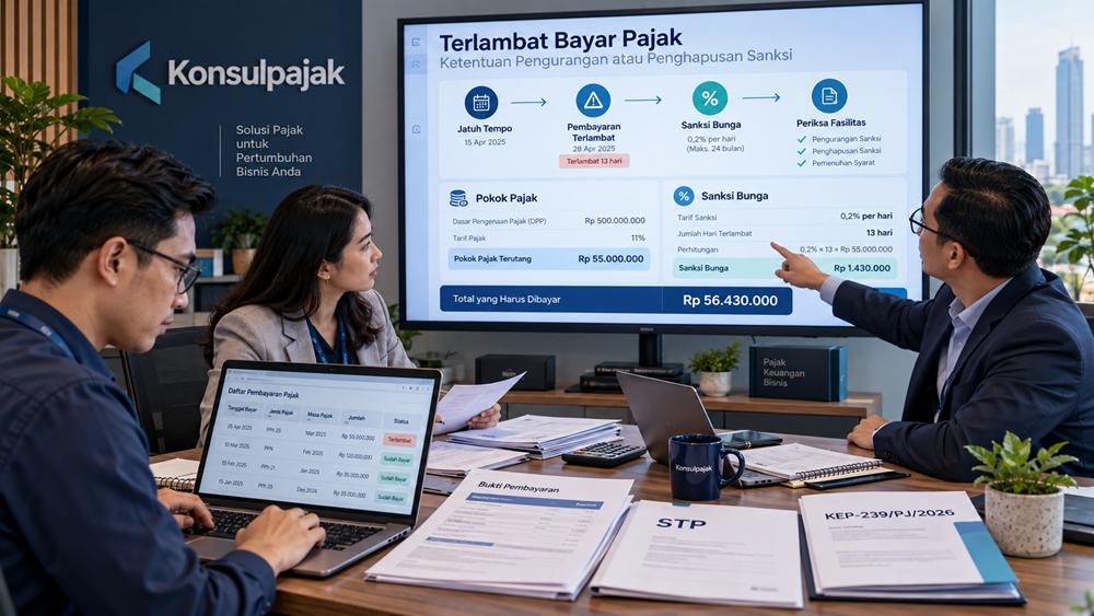 Tax staff dan finance manager membahas keterlambatan pembayaran pajak serta pengurangan sanksi bunga berdasarkan KEP-239/PJ/2026