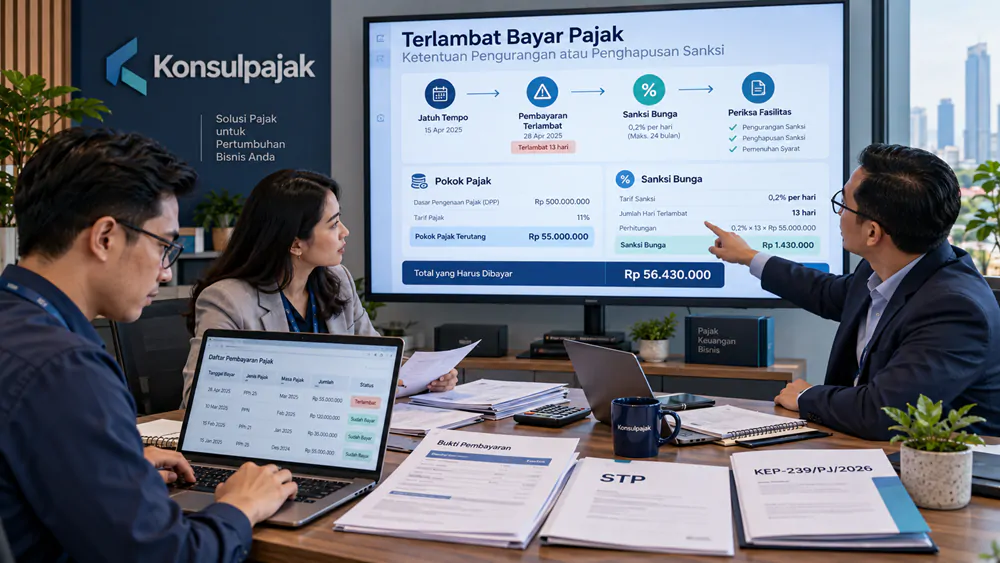 Tax staff dan finance manager membahas keterlambatan pembayaran pajak serta pengurangan sanksi bunga berdasarkan KEP-239/PJ/2026